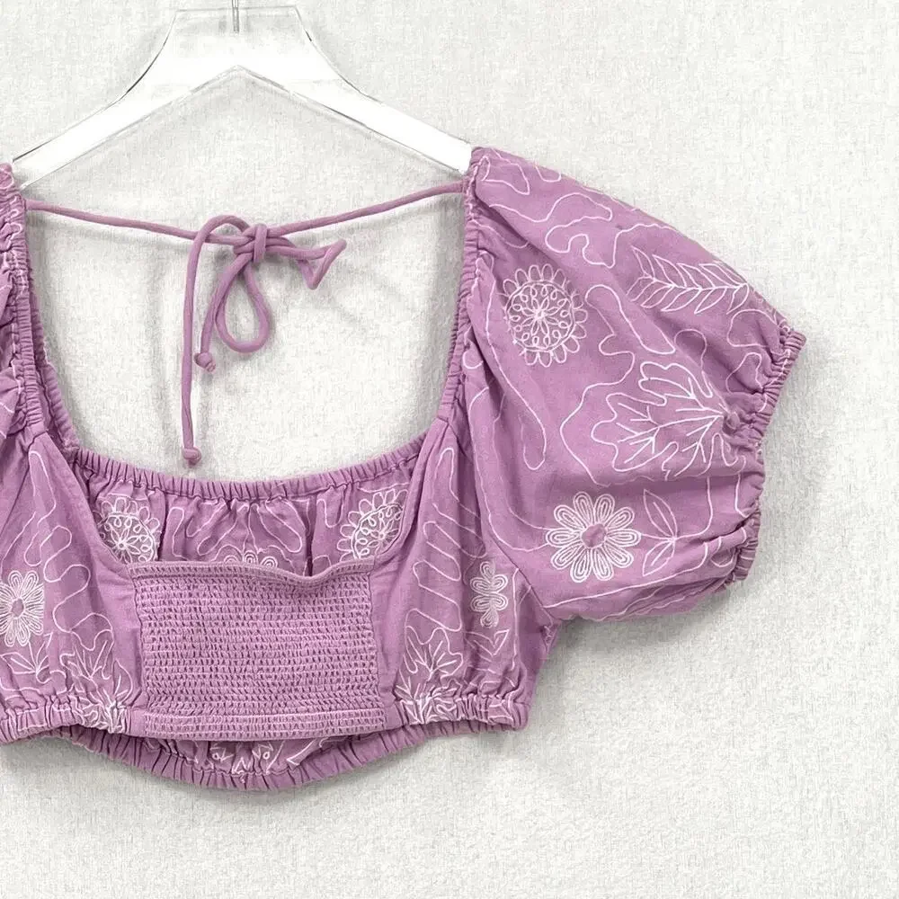 FREE PEOPLE Lotus Skirt Set TOP ONLY Women XS Purple Embroidered Puff Sleeve NEW